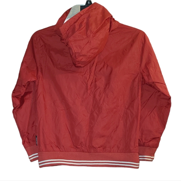 Retro Vintage Style Red w White Piping Hooded Windbreaker Rain Jacket Boys Sz S - Picture 2 of 6